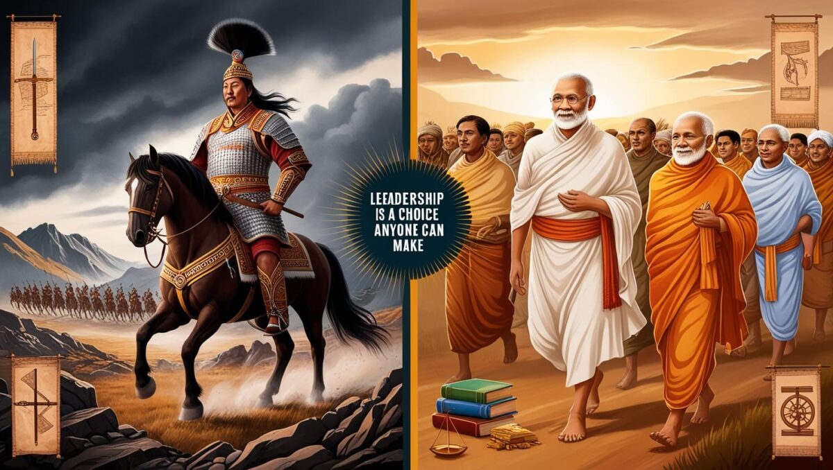 Illustration of Genghis Khan in armor leading an army under a stormy sky, and Mahatma Gandhi in simple attire leading a peaceful march at sunset, symbolizing contrasting leadership styles of strength and nonviolence, with the phrase “Leadership is a Choice Anyone Can Make,” ensuring that leadership is a choice anyone can make as the core theme.