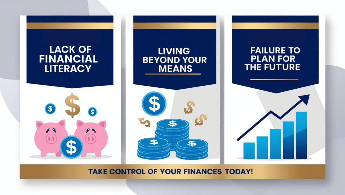 A financial infographic highlighting the top three money mistakes: lack of financial literacy, overspending, and failure to plan. Features money icons, investment symbols, and debt visuals to emphasize smart money management strategies and wealth-building solutions from Mark Pinilla.